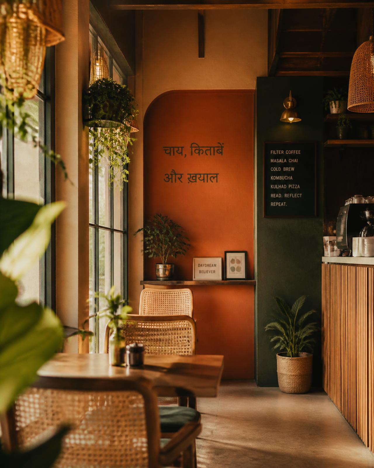 Cafe interior with terracotta walls, rattan chairs and hanging plants